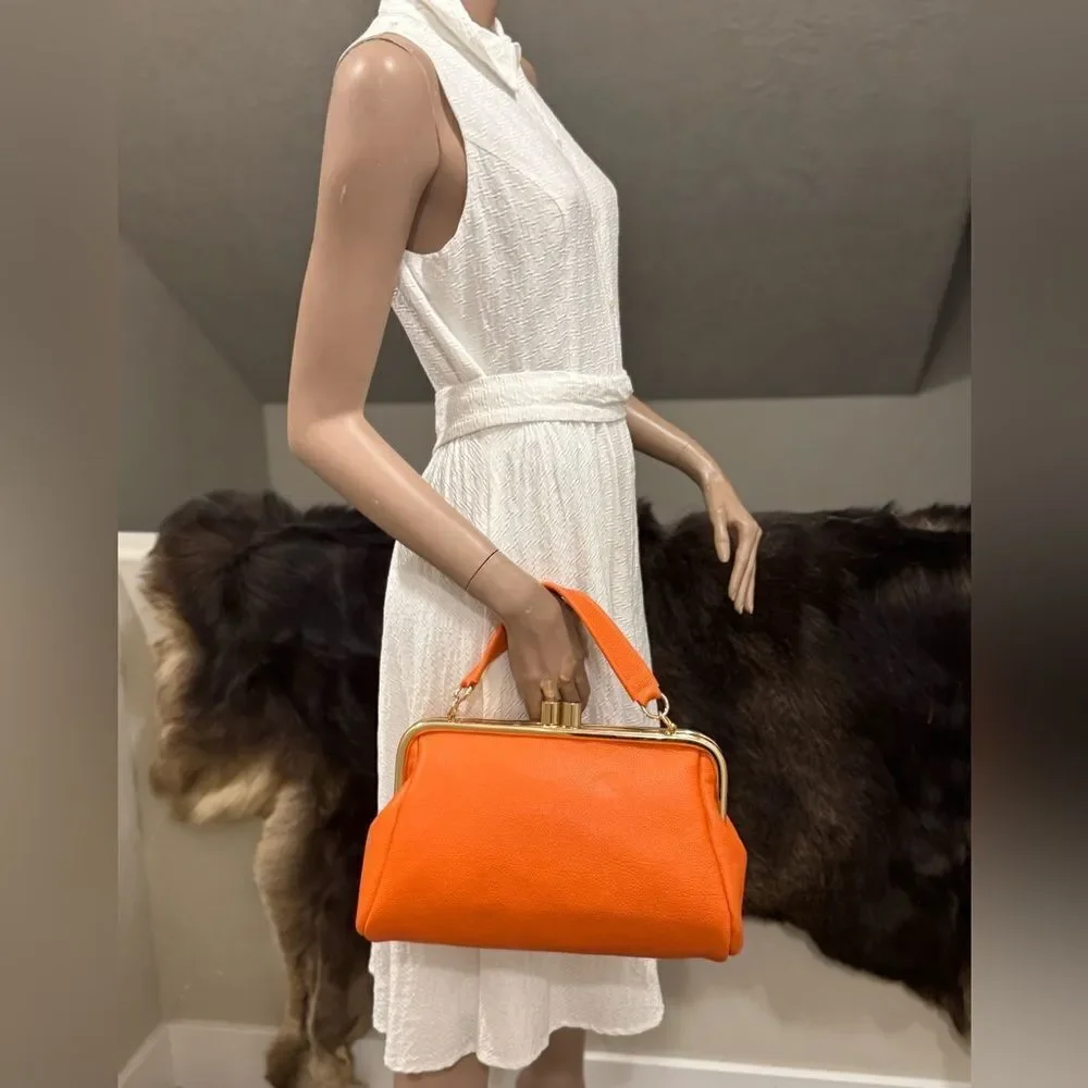 Orange Premium Pebble Cowhide Handmade Large Kiss Lock Handbag/ Multi Use Style